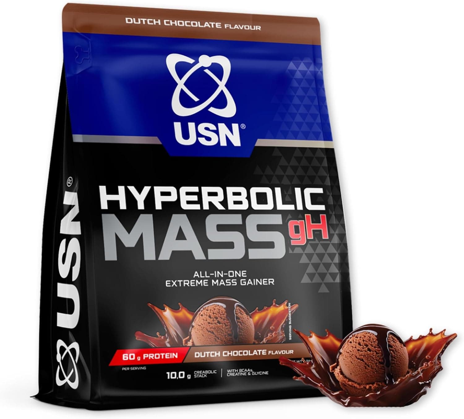 USN Hyperbolic Mass gH All-in-One Mass Gainer | 1kg - 13 Scoops | Dutch Chocolate | 60g Protein per Full Serving | BCAAs, Glutamine & Beta-Alanine | Extreme Muscle & Mass Growth for Hard Gainers