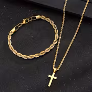 Conjunto de 2 Peças de Pulseira e Colar com Pingente de Cruz em Aço Inoxidável para Homens