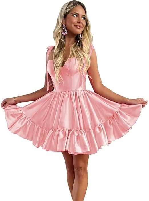 Vestidos de Baile de Cetim para Adolescentes 2024, Vestido de Formatura Curto com Decote Coração, Mangas de Laço e Babados, Modelo em Linha A, Vestidos de Festa e Cocktail.