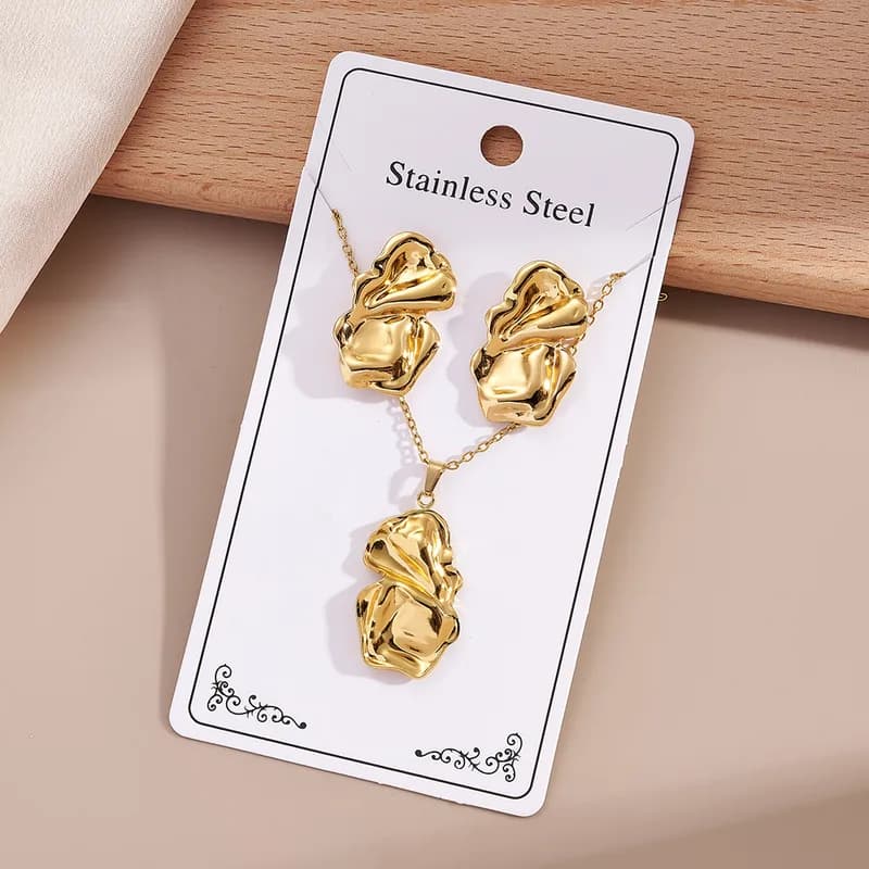 Conjunto de joias casual para mulher com corrente elo/elos (cadeia portacables) em aço inoxidável 304 banhado a ouro 18K