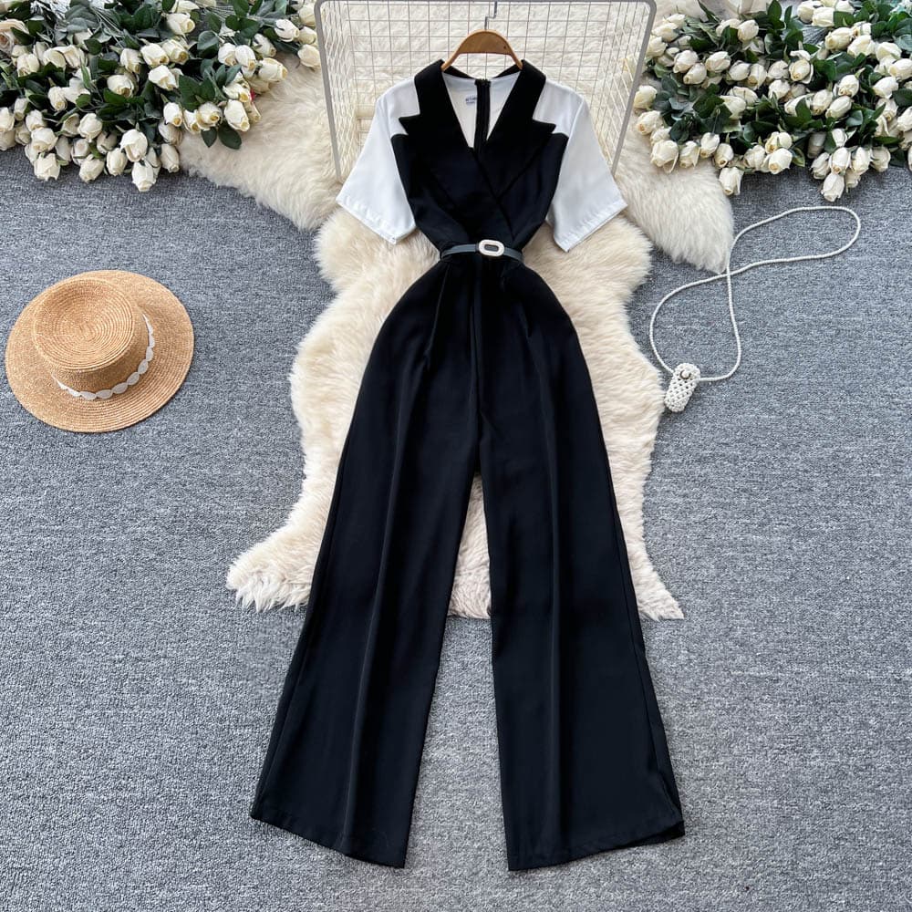 Macacão feminino de verão com manga curta, decote em V, cintura alta, pernas largas, cinto e elegante para escritório.