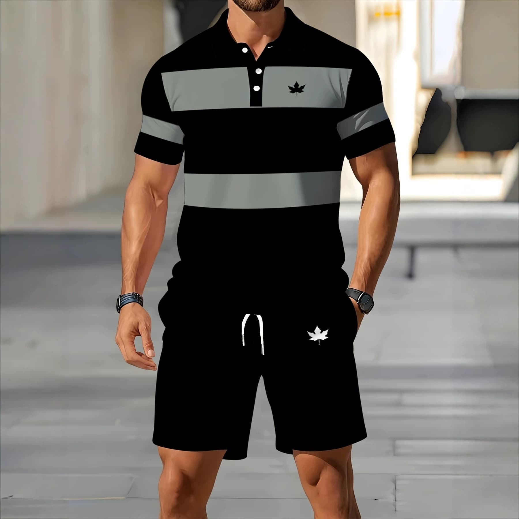 2026 Novo Conjunto Masculino de Verão Transfronteiriço com Camisa Polo de Manga Curta e Shorts, Estampa 3D Folha de Bordo,