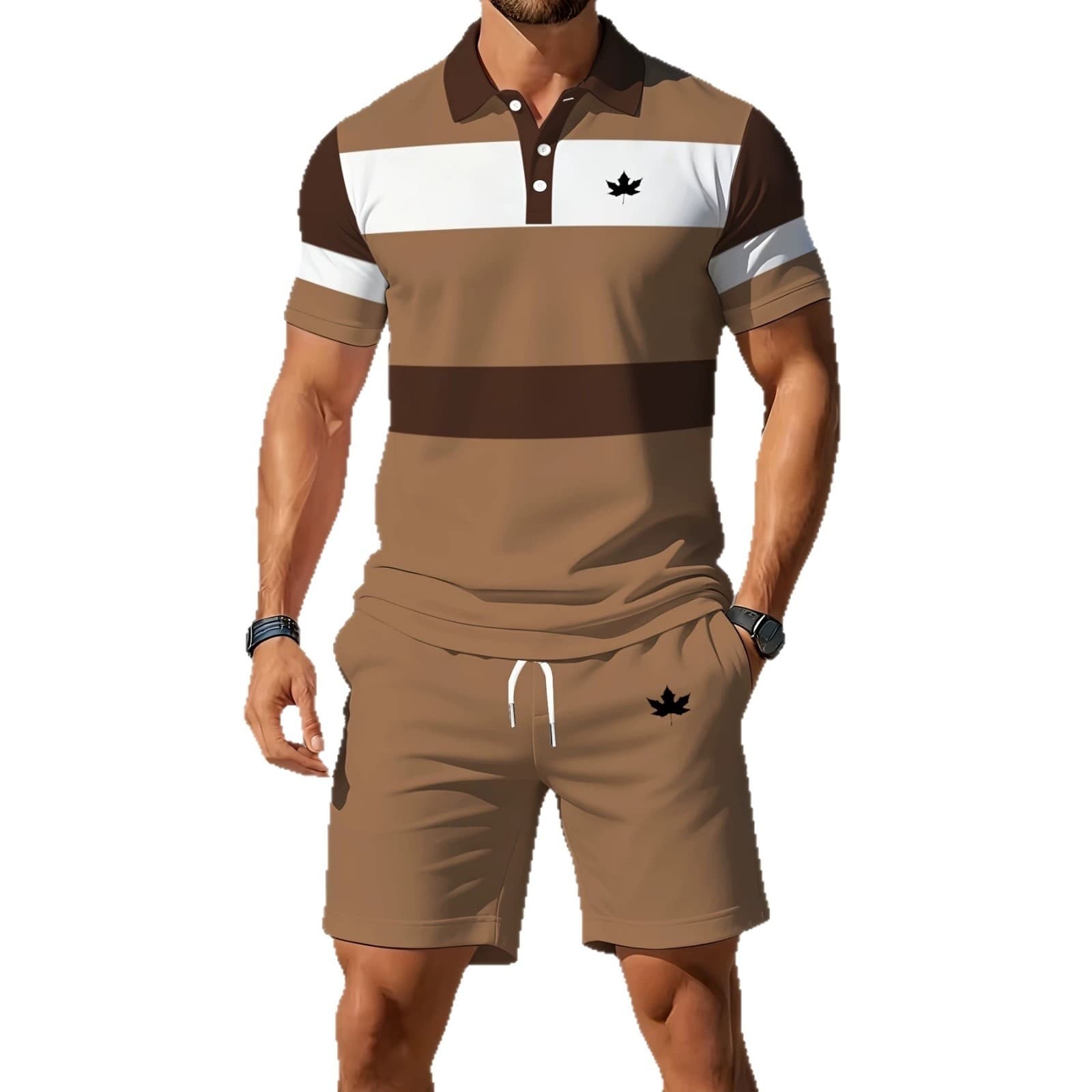 2026 Novo Conjunto Masculino de Verão Transfronteiriço com Camisa Polo de Manga Curta e Shorts, Estampa 3D Folha de Bordo,