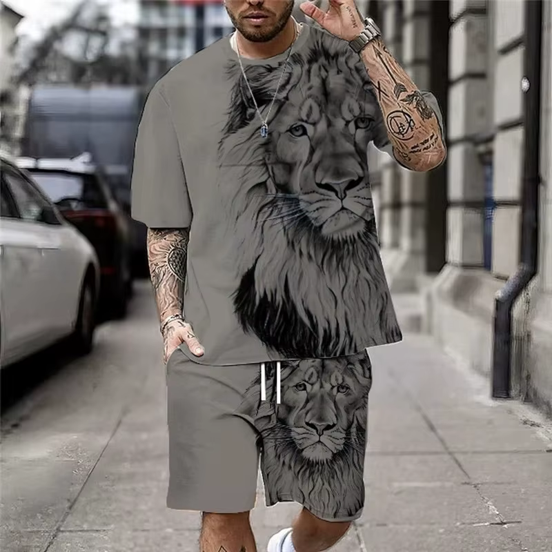 Novo Conjunto Masculino de Roupa Esportiva Casual Folgado com Estampa Digital 3D de Animais, Respirável, Confortável, Versátil, Duas