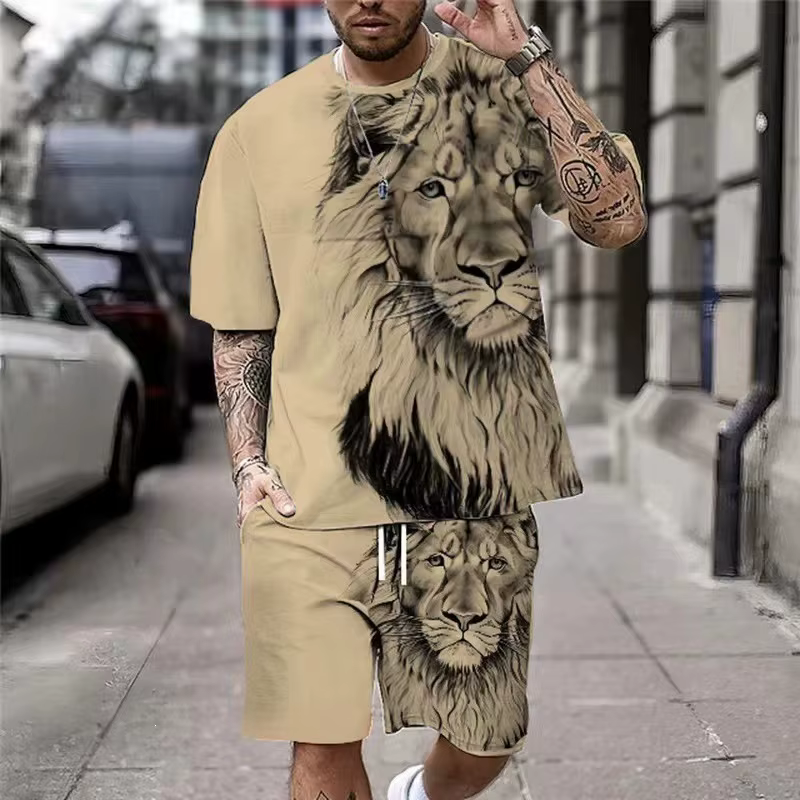 Novo Conjunto Masculino de Roupa Esportiva Casual Folgado com Estampa Digital 3D de Animais, Respirável, Confortável, Versátil, Duas