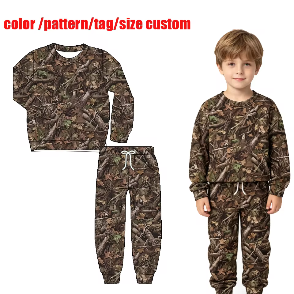 Conjunto de Roupas para Meninos com Manga Longa, Estampa Camo, Moletom com Capuz e Calças, Traje Casual Personalizado para Outono