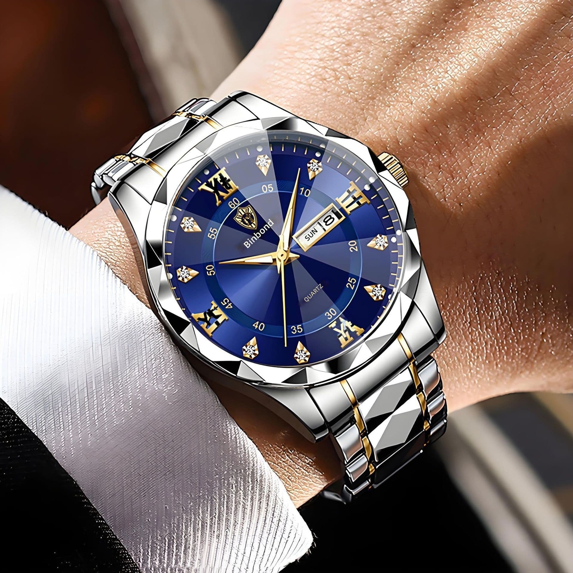 Relógio Masculino Binbang à Prova d'Água com Vidro Luminoso em Padrão de Diamante, Display de Data Dupla, Pulseira de Aço Inoxidável,