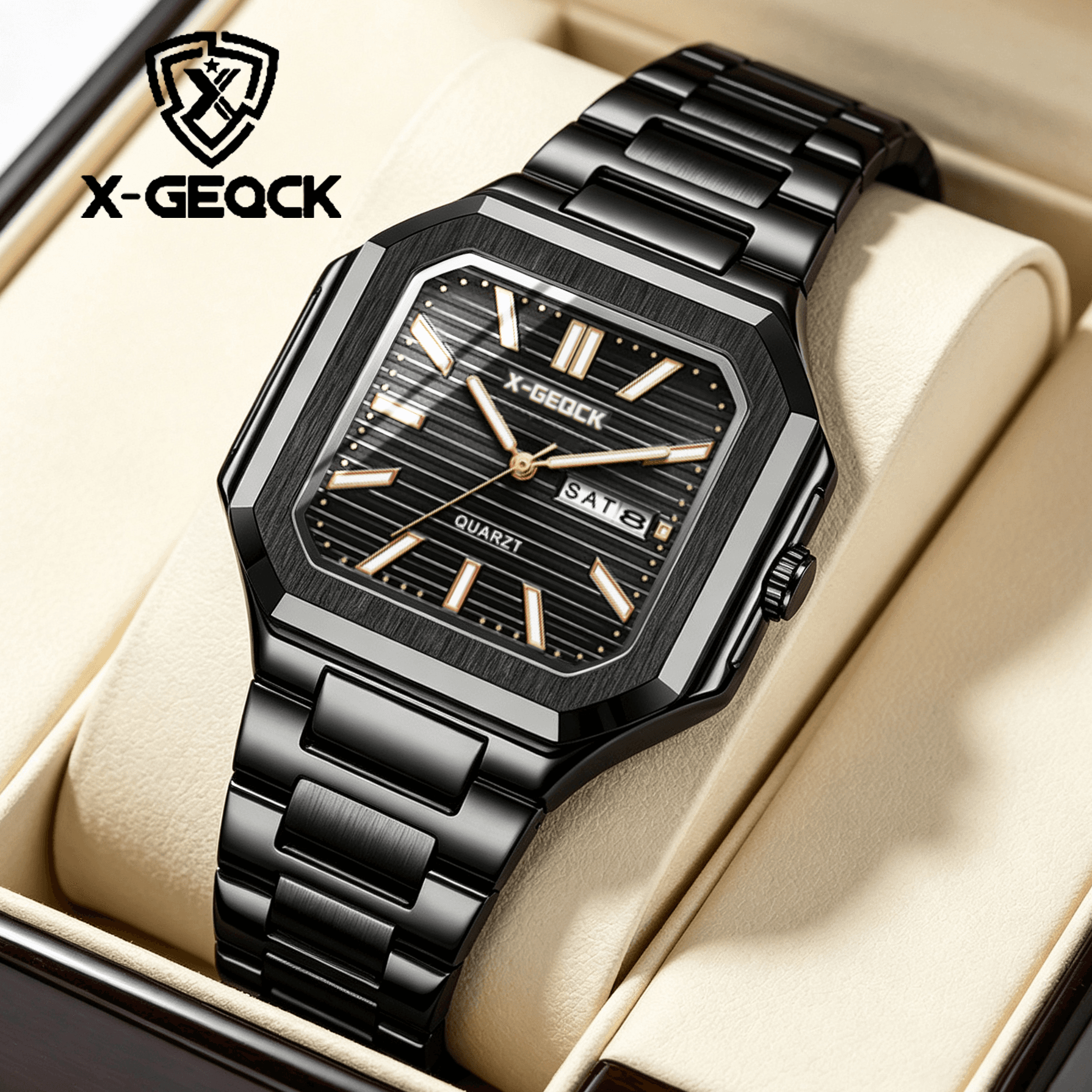Relógio de Luxo X-GEQCK Quadrado à Prova d'Água em Aço Inoxidável para Homens, Relógio Cronógrafo Masculino