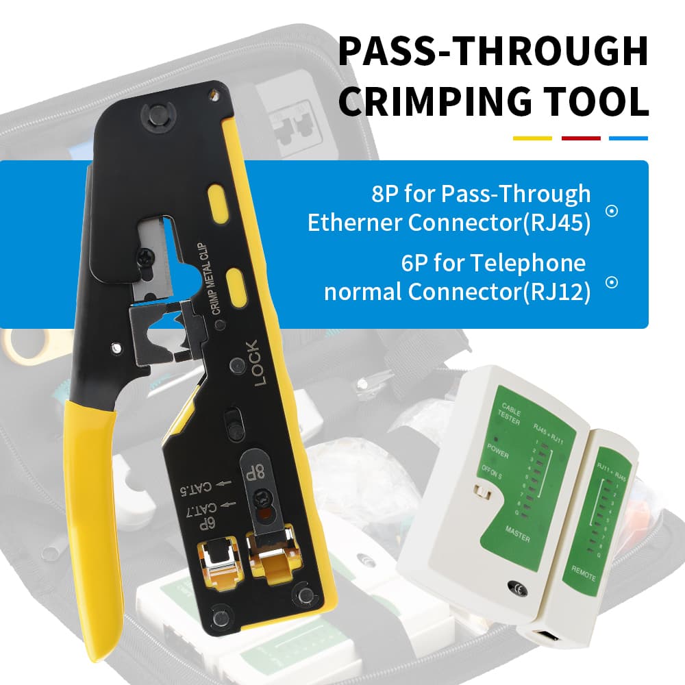Kit de ferramentas de rede Ethernet personalizável com alicate de crimpagem pass-through RJ45 para Cat7, Cat6 e Cat5