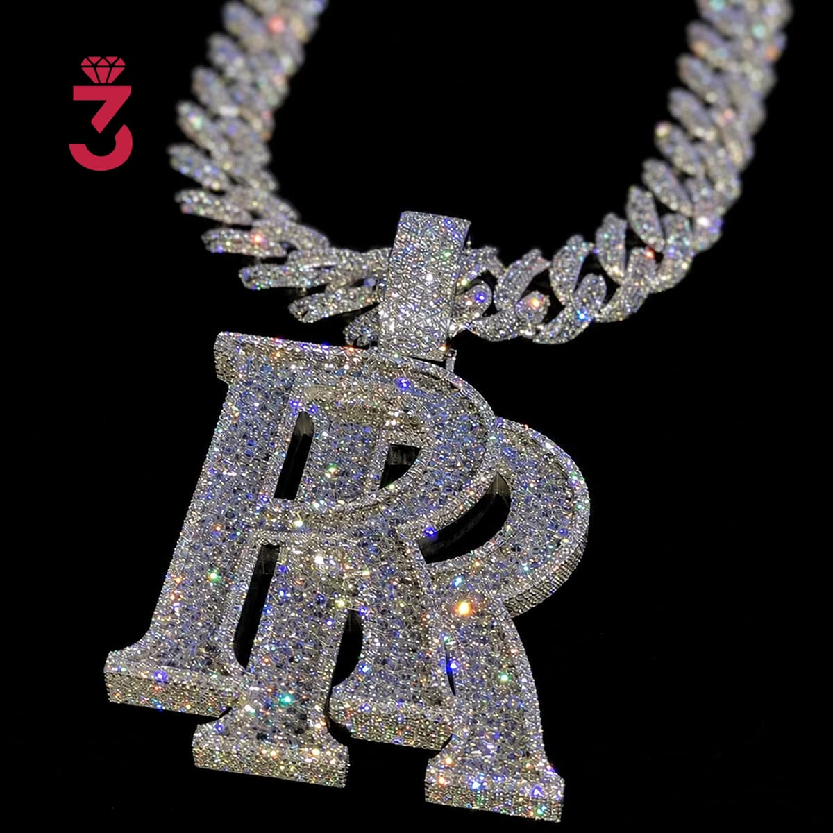 Colar Personalizado Hip Hop com Letra R Dupla, Diamante Baguete VVS Moissanite, Prata 925, Joia Personalizada Cravejada, Pingente de