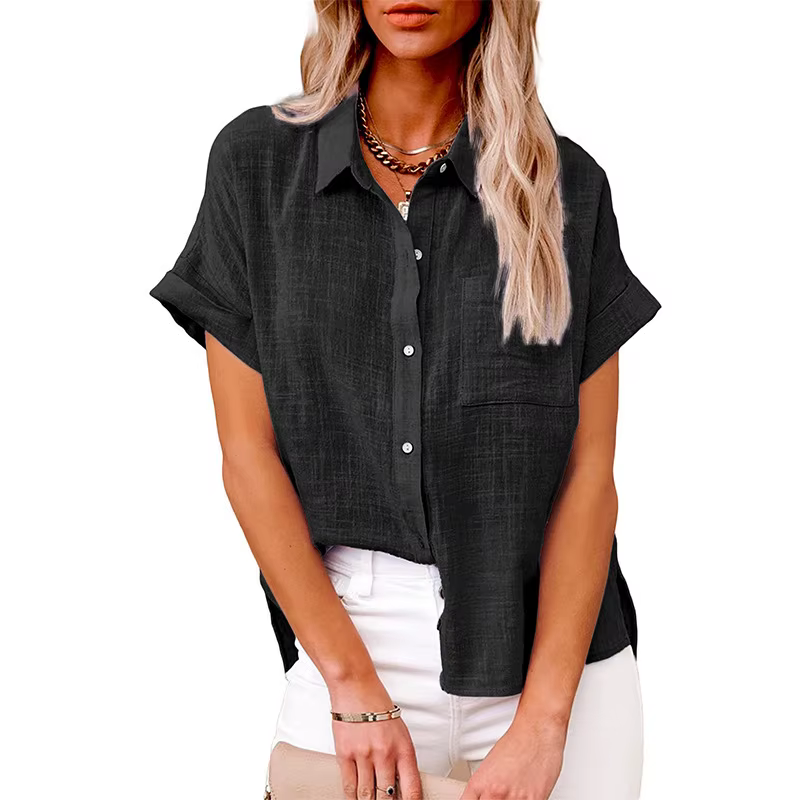Camisa Casual de Linho de Manga Curta em Cor Sólida para Mulheres, Nova Moda Europeia Americana