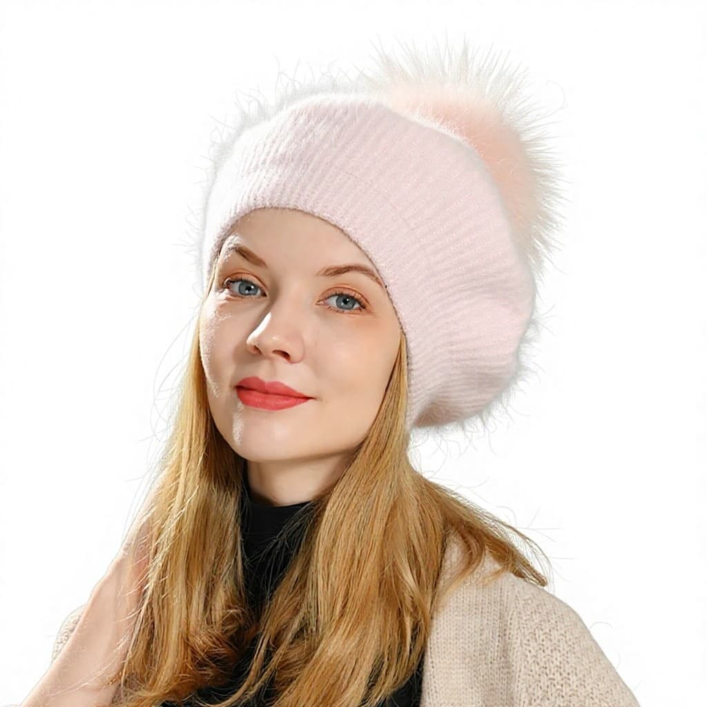 Boina Feminina de Tricô Lurex com Pelo de Coelho Estilo Coreano, Versátil e Elegante, Cor Sólida, para Adultos, Ideal para Primavera e