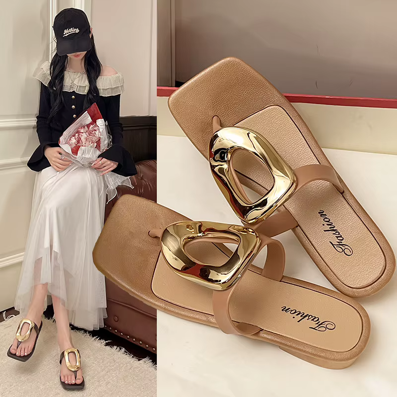 Novos chinelos femininos de verão, de moda, com biqueira quadrada e aberta, antiderrapantes, estilo chinelo de dedo, com fragrância suave, para praia