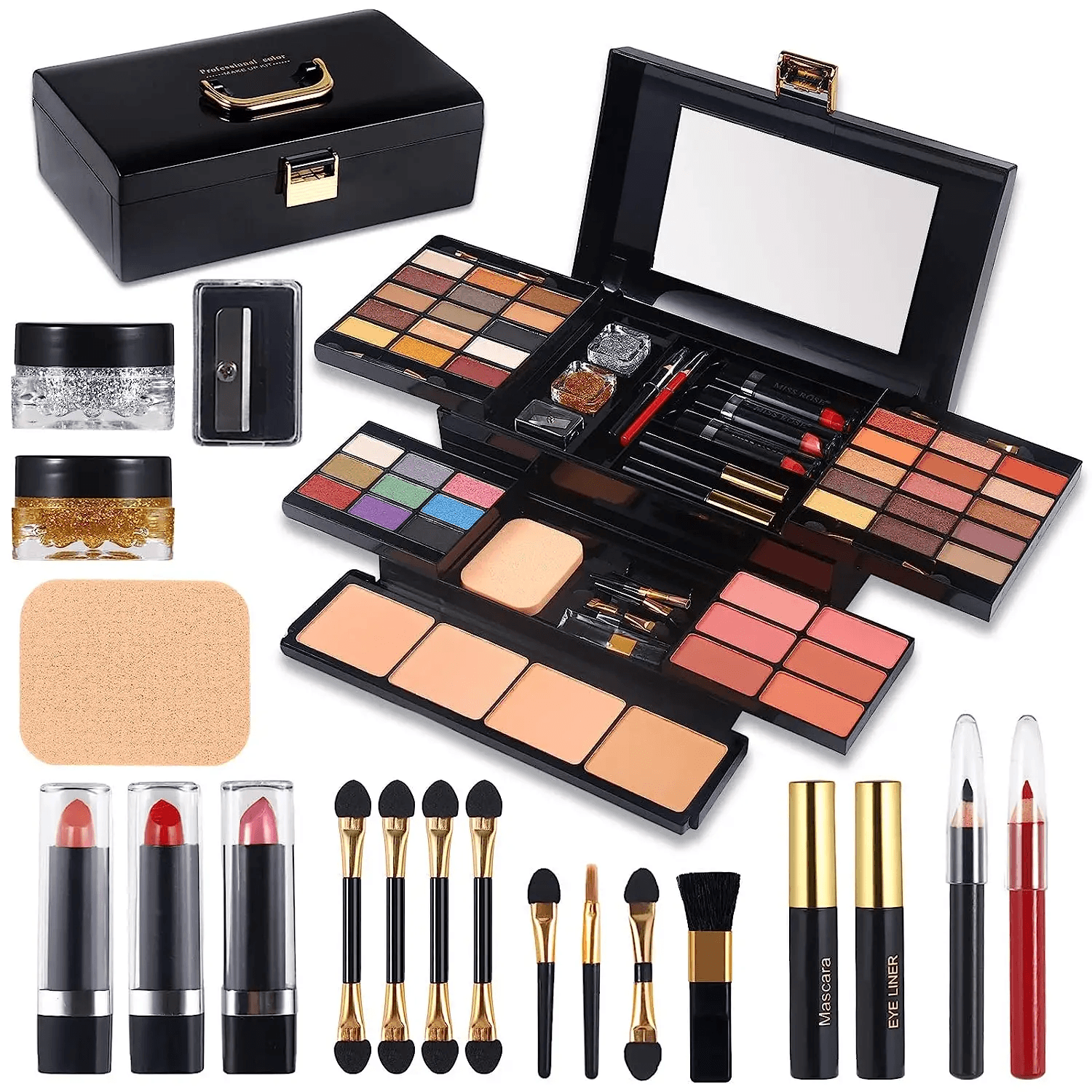 Kit de maquiagem de plástico profissional de marca própria com 58 cores para mulheres e meninas iniciantes, conjunto completo com
