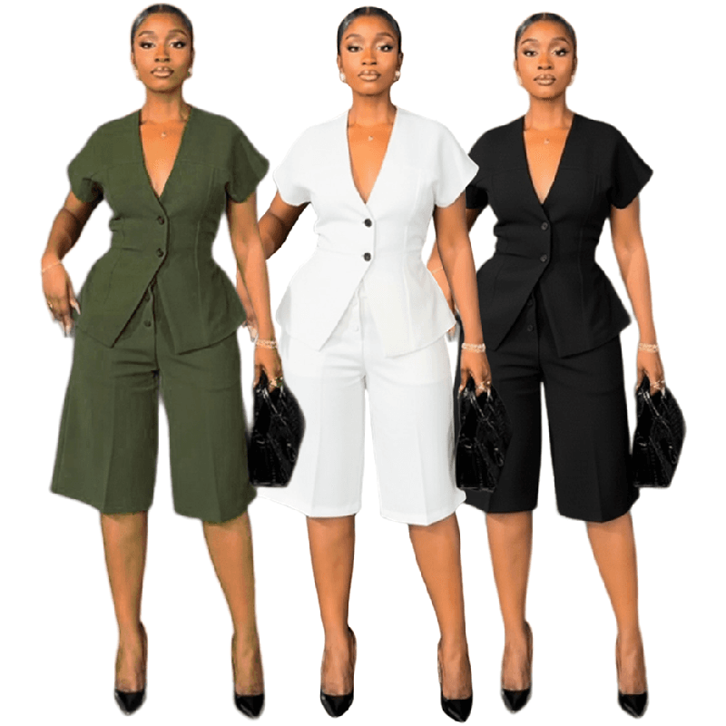 Conjuntos de Verão para Mulheres Youhe, Blusa de Manga Curta com Laço e Calças Slim até o Joelho, Conjunto de Duas Peças para Escritório